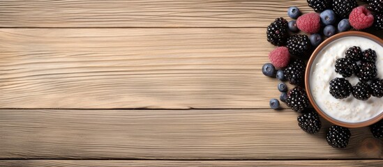 Poster - A breakfast bowl of yogurt oatmeal blueberries blackberries and chia seeds is beautifully displayed on a rustic wooden surface in a top down view leaving ample room for text or a caption in the copy