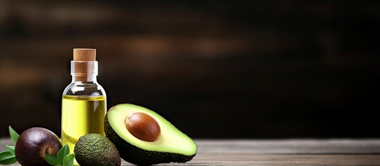 Wall Mural - A bottle of essential oil a pipette and a fresh avocado are placed on a wooden table creating a copy space image