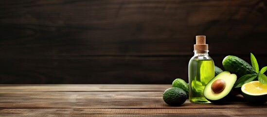 Leinwandbilder - A bottle of essential oil a pipette and a fresh avocado are placed on a wooden table creating a copy space image