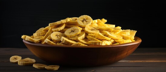 Poster - A bowl filled with dried banana slices sits on a black wooden table providing ample space for text in the image