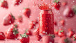 soda can floats with fresh strawberries, playful scene offering whimsical take on beverage photography, with copy space.