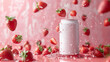 soda can floats with fresh strawberries, playful scene offering whimsical take on beverage photography, with copy space.