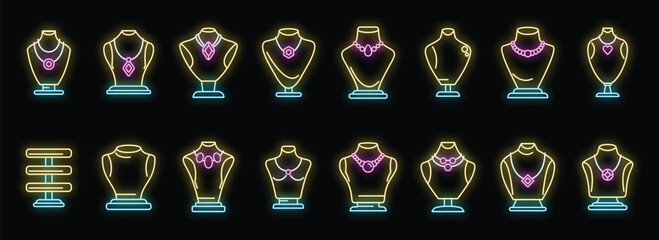 Sticker - Jewelry dummy icons set outline vector. Bust chain. Diamond fashion neon color on black