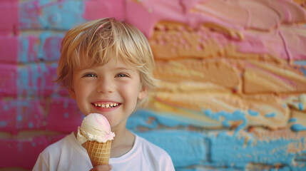 Wall Mural - Young boy enjoys ice cream cone against vibrant pastel backdrop, smiling brightly, radiating joy and innocence. Playful contrast creates cheerful, captivating scene.