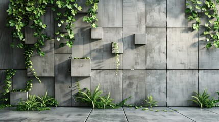 interior design grey wall cement concrete blocks pattern with green plant leaves. ai generated image