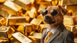 © P - A cool, rich dog is dressed in a stylish suit and sunglasses, standing confidently against a vibrant background. A pile of golden bars serves as the backdrop, emphasizing luxury and sophistication.