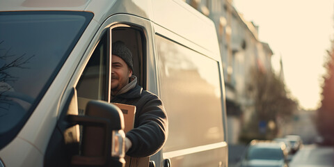 A image of a delivery driver driving a delivery van or truck, making stops along their route to drop off packages and parcels