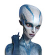 Illustration of a female alien with blue skin and bloodshot eyes looking into the distance with one hand on her shoulder.