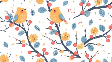 Poster - spring birds with flower and tree refreshing positive feeling, seamless pattern nursery design cartoon style illustration with grungy texture, Generative Ai