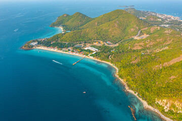 Wall Mural - Travel vacation resorts aerial above of the islands and settlements with hotel houses on the beaches of tropical resorts with boats and ships