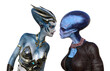 Illustration of two alien females looking closely at one another on a white background.