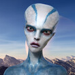Illustration of a female alien with a large bald skull looking forward with a unhappy expression with a strange planet in the background.