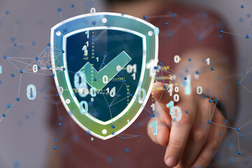 Fototapete - Security Shield concept, data protection. Shield with dots and lines connectio