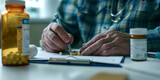 Fototapeta  - A general practitioner writing a prescription for medication during a patient visit in a primary care setting