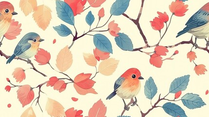 Poster - spring birds with flower and tree refreshing positive feeling, seamless pattern nursery design cartoon style illustration with grungy texture, Generative Ai