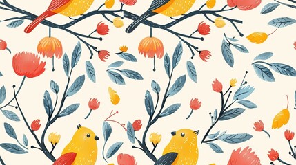 Poster - spring birds with flower and tree refreshing positive feeling, seamless pattern nursery design cartoon style illustration with grungy texture, Generative Ai