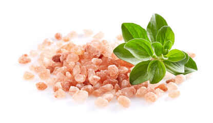 Wall Mural - Himalayan salt with marjoram leaves on white background