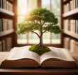An open book and a green tree in the library. Knowledge concept.