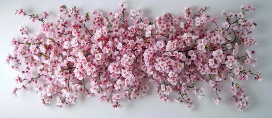 Wall Mural - Creative arrangement of a blooming cherry tree in spring, featuring pink Sakura flowers in a nature-themed design element. Displayed from a top view perspective.