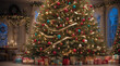 A large beautiful Christmas tree decorated with many Christmas tree decorations in the interior with gifts.