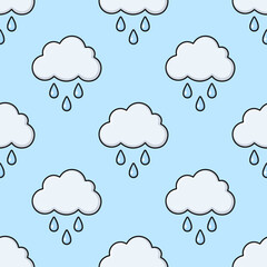 Wall Mural - White clouds with black outline on blue background. Vector seamless pattern. Best for textile, print, wrapping paper, package and your design.