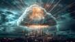 A cloud emitting rays of light that form a protective dome over a digital city, illustrating the concept of cloud security as a guardian of urban digital infrastructure.
