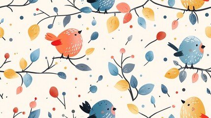 Poster - spring birds with flower and tree refreshing positive feeling, seamless pattern nursery design cartoon style illustration with grungy texture, Generative Ai