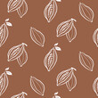 Cacao beans pattern vector illustration. Cocoa hand drawn doodle texture. Chocolate bean sketch background. Cacao plant part, cacao leaves. Design for cafe chocolate dessert, shop menu, chocolate bar