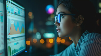 lose-up: With the soft glow of her computer screen illuminating her face, the young woman owner entrepreneur monitors website traffic and analyzes customer behavior, her screen dis