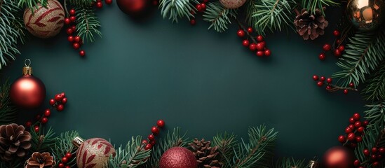 Wall Mural - Top view of a festive arrangement made of Christmas tree branches and ornaments, featuring a blank space for text. Ideal for conveying the spirit of the holiday season.