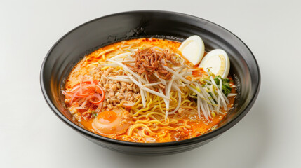 Wall Mural - Vibrant bowl of malaysian ramen noodles soup with egg, minced meat, bean sprouts, and chili, served on a white background