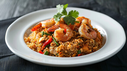 Wall Mural - Authentic malaysian shrimp fried rice, garnished with fresh coriander, served in a white plate on a dark wooden table