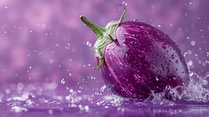 elegant purple eggplant with fresh water droplets, highlighted by a soft bokeh background for culina