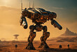 Huge fantastic walking robot on an alien planet expedition