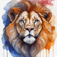 Wall Mural - Watercolor painting of lion. Animal portrait. Hand drawn art. Detailed illustration.