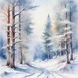 Beautiful illustration with winter road and trees. Watercolor.