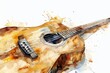 An acoustic guitar painted in watercolors
