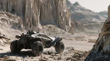 Futuristic Off-road vehicle in the mountains. Off-road vehicle in the mountains.