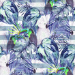 Abstract watercolor seamless pattern.Tropical print with  palm leaves and birds. Jungle summer striped  background