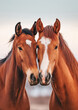Two brown horses, detail to their heads close together forming heart shape. Generative AI