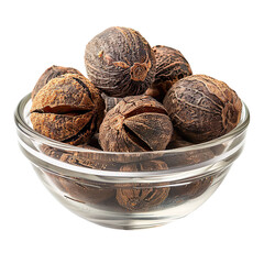 Wall Mural - Extreme front view of full Nutmeg in a small glass bowl isolated on a white transparent background