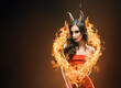 Enigmatic Woman with Devilish Aura Engulfed in Flames, Portraying Intense and Mystical Seduction