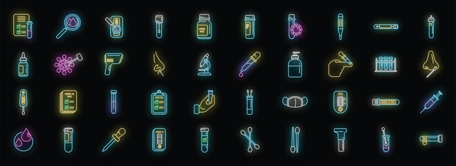 Poster - Covid test icons set outline vector. Corona prevention. Coronavirus kit neon color on black