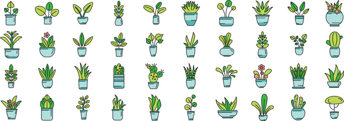 Poster - Plants icons set outline vector. Leaf growth. Nature soil thin line color flat on white