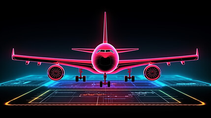 Wall Mural - Digital illustration of a plane in neon light against a dark background, Airplane on the background of the luminous map,