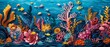 Create a vibrant and colorful coral reef scene using a paper-cut art style. Include a variety of fish, coral, and other sea life. The image should be full of life and color.