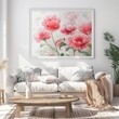 A painting of a bouquet of pink flowers is hanging on a white wall