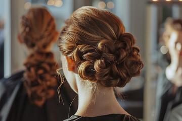 Wall Mural - A stylist uses advanced thermal tools to craft sophisticated updos for a wedding party - demonstrating technical skill and precision