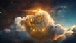 A cloud enveloped by a golden, holographic shield, symbolizing encryption and data protection. 