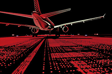 Wall Mural - Airplane on the runway with light on the runway, Airplane on black and red  background,